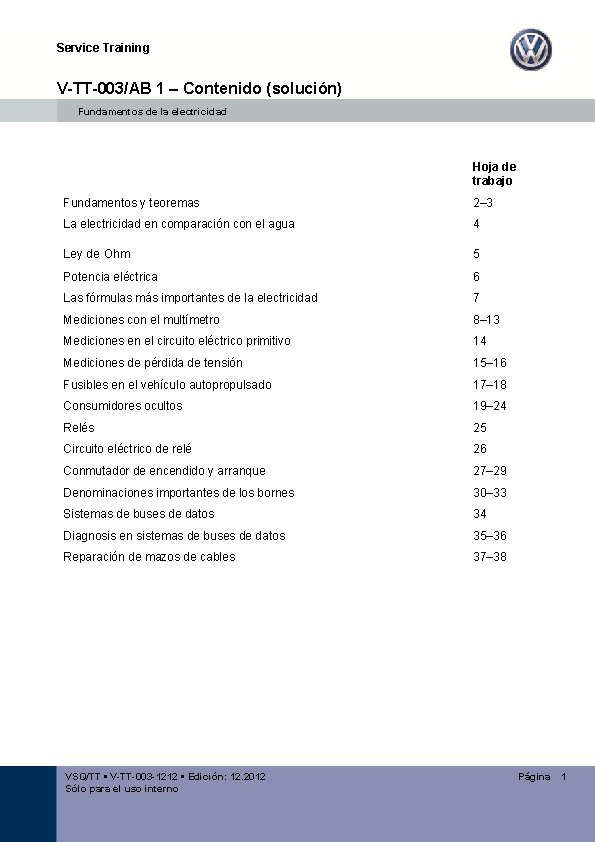 Service Training V-TT-003/AB 1 – Contenido (solución) Fundamentos de la electricidad Hoja de trabajo