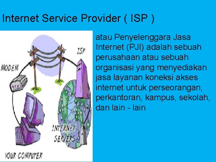 Internet Service Provider ( ISP ) atau Penyelenggara Jasa Internet (PJI) adalah sebuah perusahaan