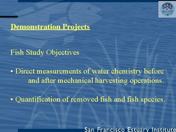 Demonstration Projects Fish Study Objectives • Direct measurements of water chemistry before and after