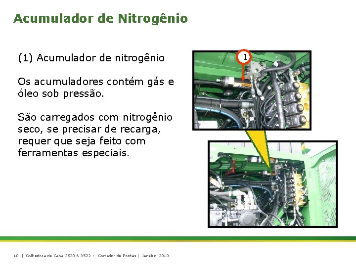 Acumulador de Nitrogênio (1) Acumulador de nitrogênio Os acumuladores contém gás e óleo sob