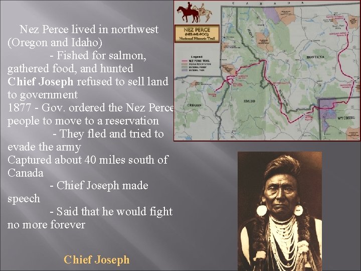 Nez Perce lived in northwest (Oregon and Idaho) - Fished for salmon, gathered food,