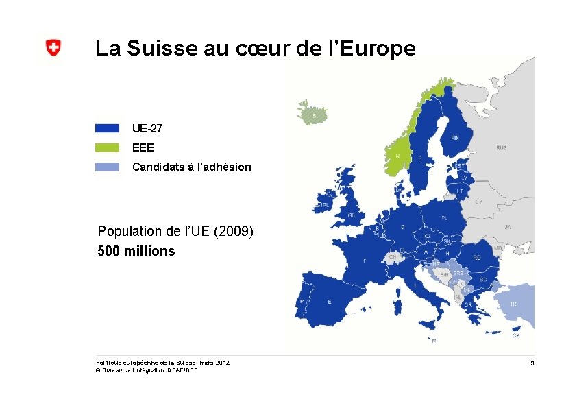 La Suisse au cœur de l’Europe UE-27 EEE Candidats à l’adhésion Population de l’UE