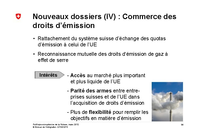 Nouveaux dossiers (IV) : Commerce des droits d’émission • Rattachement du système suisse d’échange