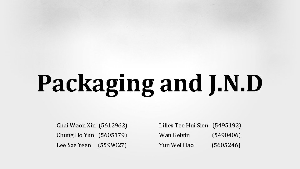 Packaging and J. N. D Chai Woon Xin (5612962) Lilies Tee Hui Sien (5495192)