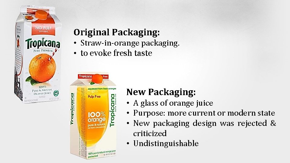 Original Packaging: • Straw-in-orange packaging. • to evoke fresh taste New Packaging: • A
