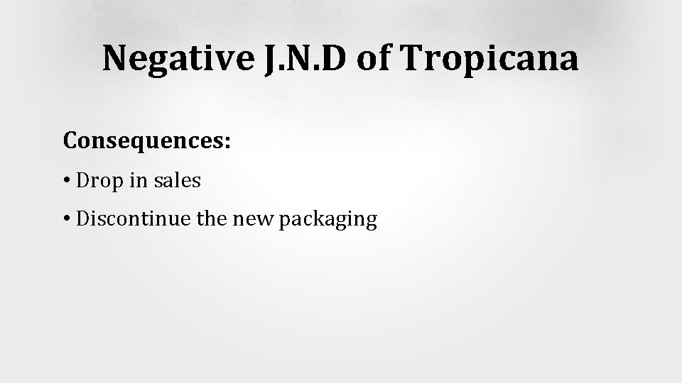 Negative J. N. D of Tropicana Consequences: • Drop in sales • Discontinue the
