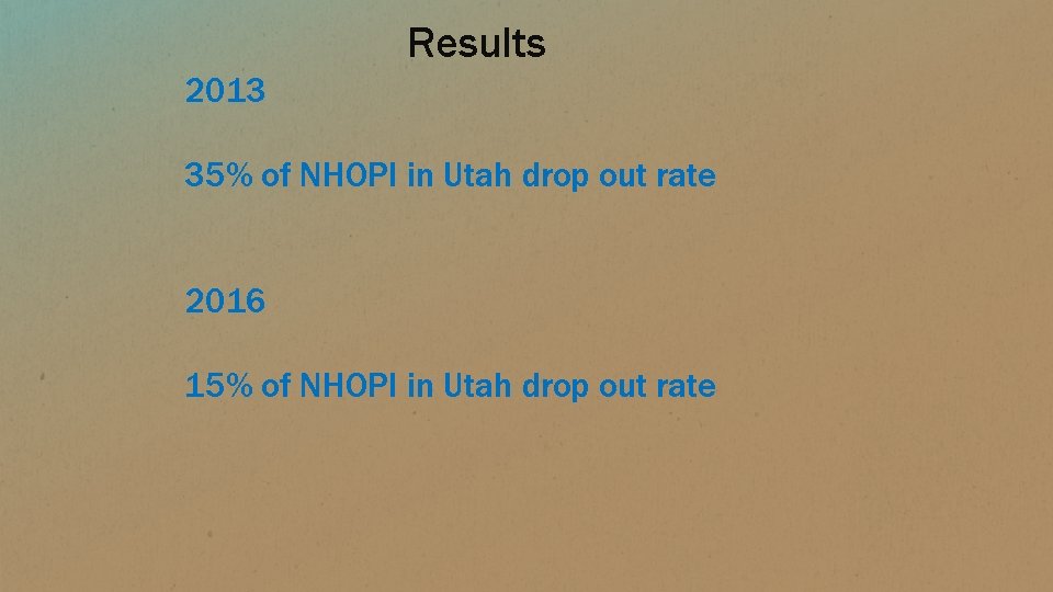 Results 2013 35% of NHOPI in Utah drop out rate 2016 15% of NHOPI