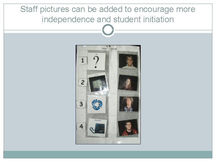 Staff pictures can be added to encourage more independence and student initiation 