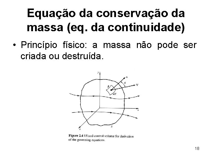 Equação da conservação da massa (eq. da continuidade) • Princípio físico: a massa não