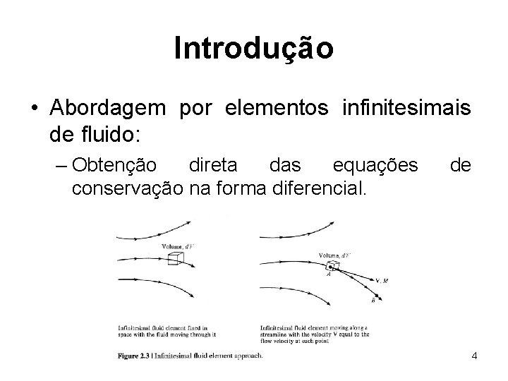 Introdução • Abordagem por elementos infinitesimais de fluido: – Obtenção direta das equações conservação