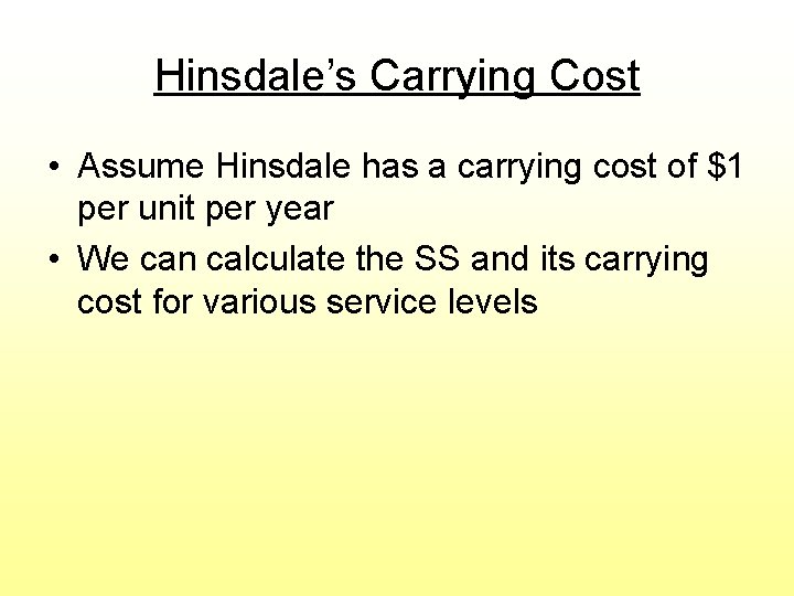 Hinsdale’s Carrying Cost • Assume Hinsdale has a carrying cost of $1 per unit