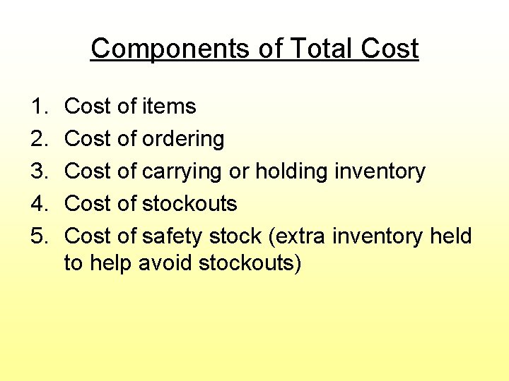 Components of Total Cost 1. 2. 3. 4. 5. Cost of items Cost of