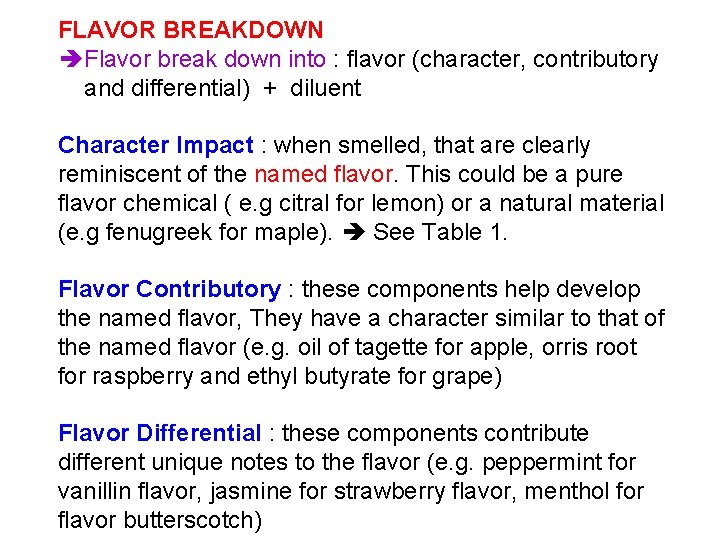 FLAVOR BREAKDOWN Flavor break down into : flavor (character, contributory and differential) + diluent