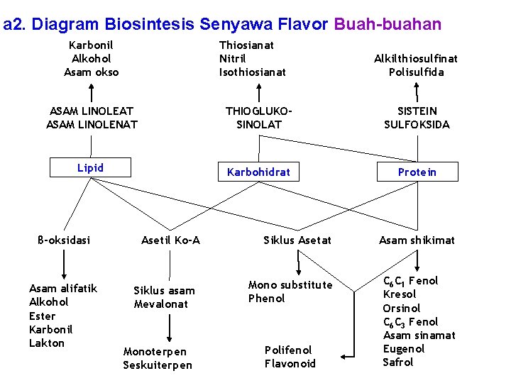 a 2. Diagram Biosintesis Senyawa Flavor Buah-buahan Karbonil Alkohol Asam okso Thiosianat Nitril Isothiosianat