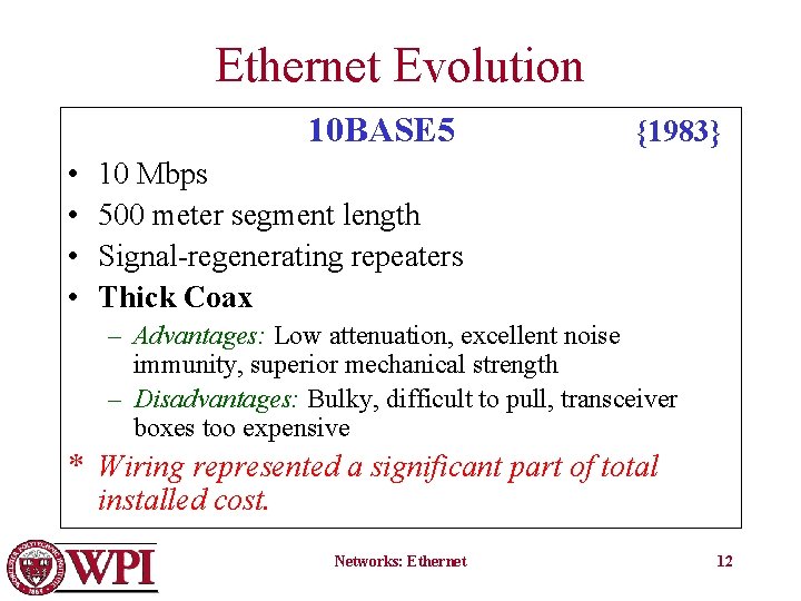 Ethernet Evolution 10 BASE 5 • • {1983} 10 Mbps 500 meter segment length