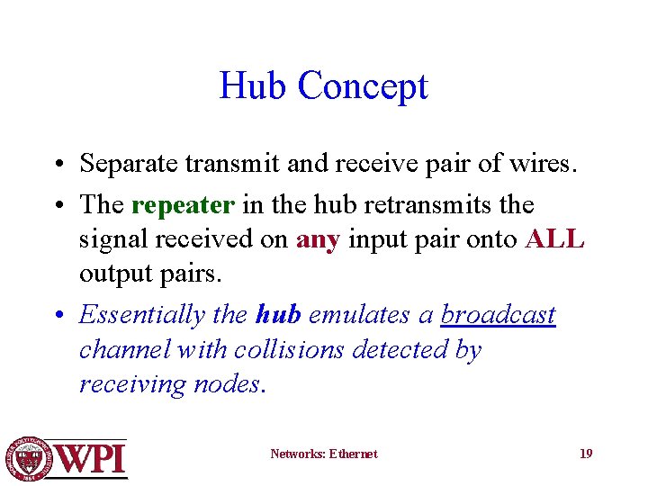 Hub Concept • Separate transmit and receive pair of wires. • The repeater in