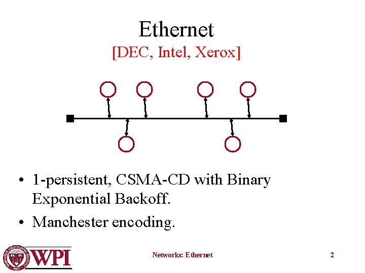Ethernet [DEC, Intel, Xerox] • 1 -persistent, CSMA-CD with Binary Exponential Backoff. • Manchester