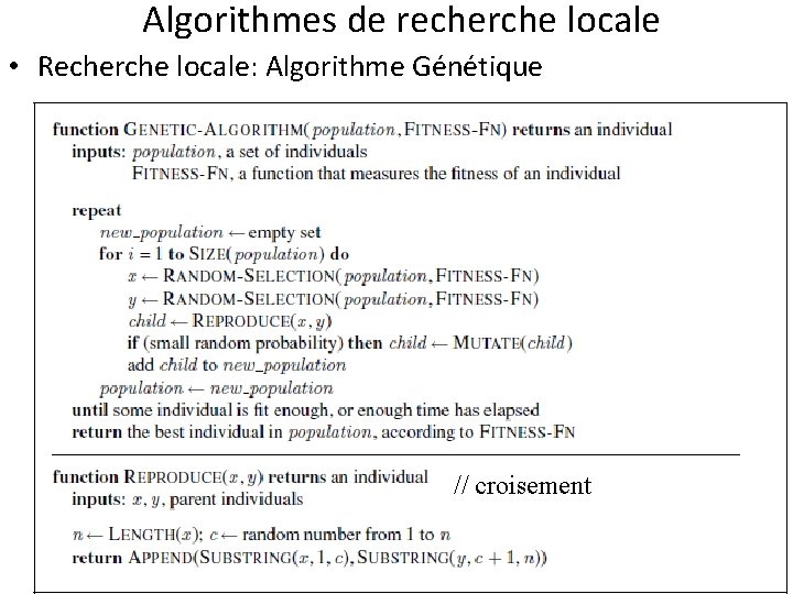 Algorithmes de recherche locale • Recherche locale: Algorithme Génétique // croisement 