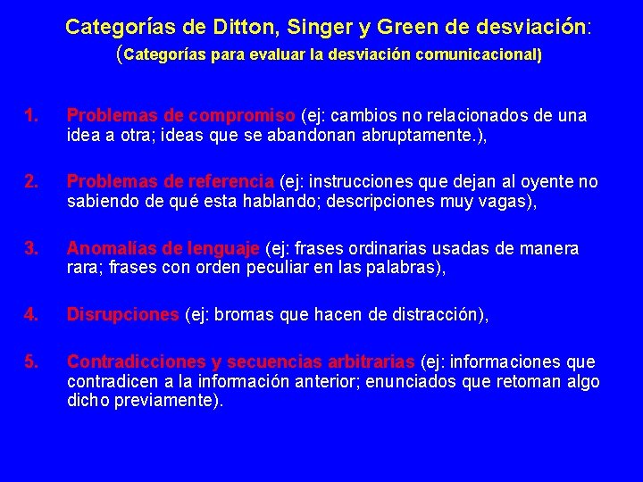 Categorías de Ditton, Singer y Green de desviación: (Categorías para evaluar la desviación comunicacional)