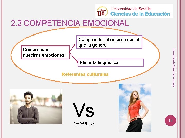 2. 2 COMPETENCIA EMOCIONAL Etiqueta lingüística Referentes culturales Vs ORGULLO Inmaculada Sánchez-Queija Comprender nuestras