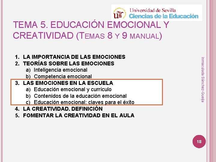 TEMA 5. EDUCACIÓN EMOCIONAL Y CREATIVIDAD (TEMAS 8 Y 9 MANUAL) Inmaculada Sánchez-Queija 1.