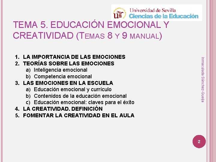 TEMA 5. EDUCACIÓN EMOCIONAL Y CREATIVIDAD (TEMAS 8 Y 9 MANUAL) Inmaculada Sánchez-Queija 1.