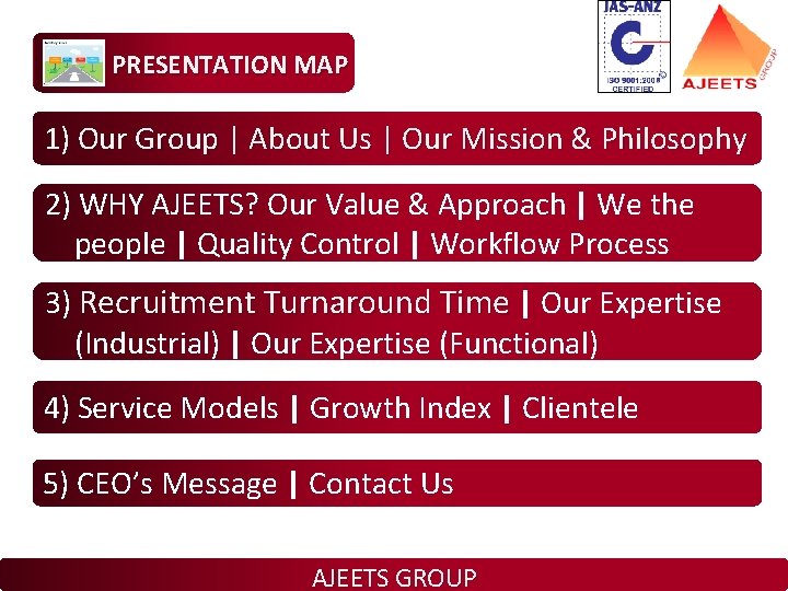 PRESENTATION MAP 1) Our Group | About Us | Our Mission & Philosophy 2)