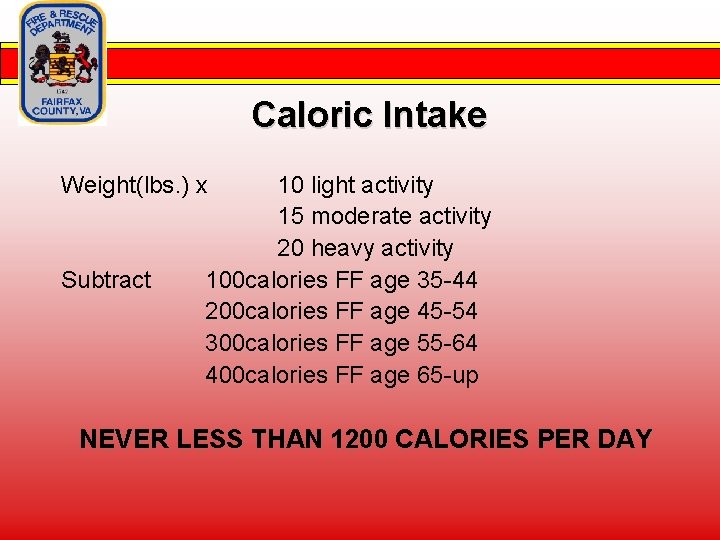 Caloric Intake Weight(lbs. ) x Subtract 10 light activity 15 moderate activity 20 heavy