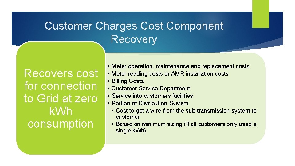 Customer Charges Cost Component Recovery Recovers cost for connection to Grid at zero k.