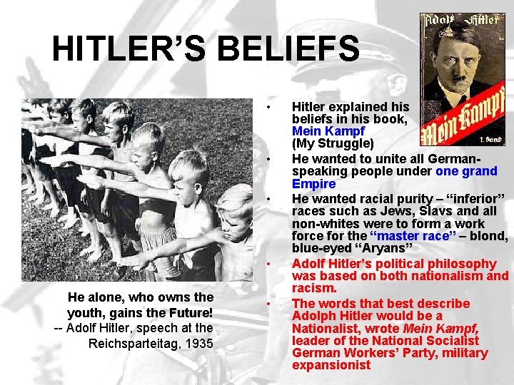 HITLER’S BELIEFS • • He alone, who owns the youth, gains the Future! --