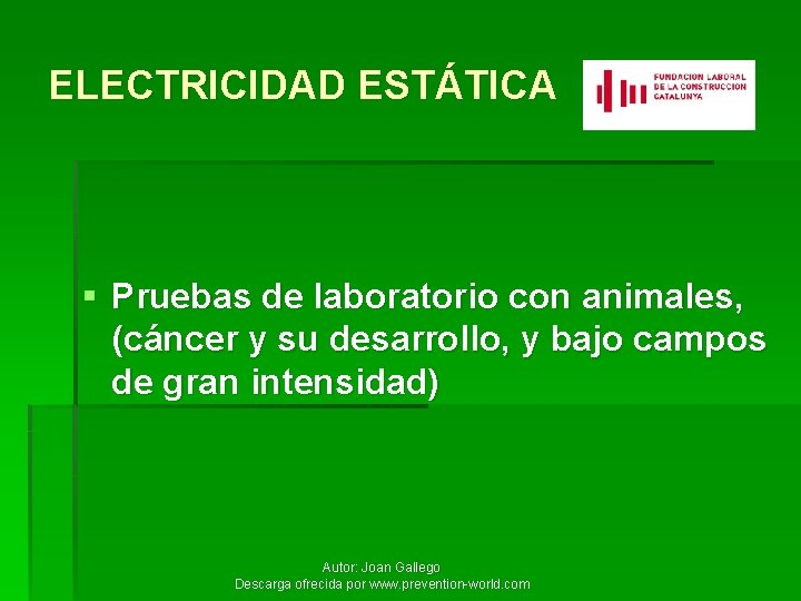 ELECTRICIDAD ESTÁTICA § Pruebas de laboratorio con animales, (cáncer y su desarrollo, y bajo