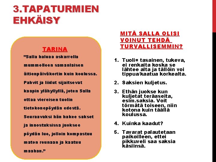 3. TAPATURMIEN EHKÄISY TARINA ”Salla haluaa askarrella MITÄ SALLA OLISI VOINUT TEHDÄ TURVALLISEMMIN? äitienpäiväkortin