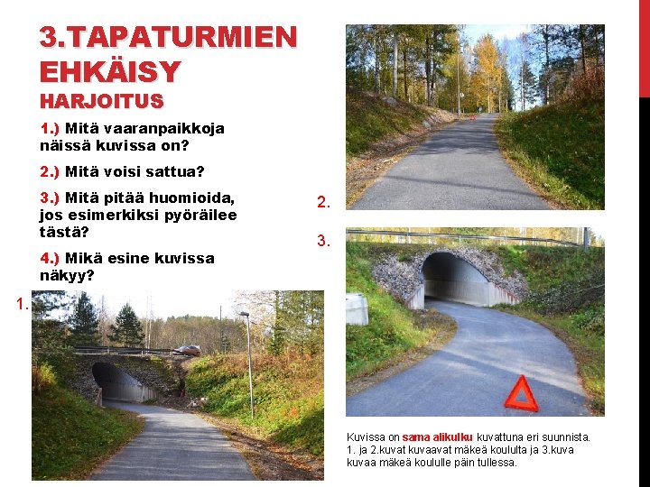 3. TAPATURMIEN EHKÄISY HARJOITUS 1. ) Mitä vaaranpaikkoja näissä kuvissa on? 2. ) Mitä