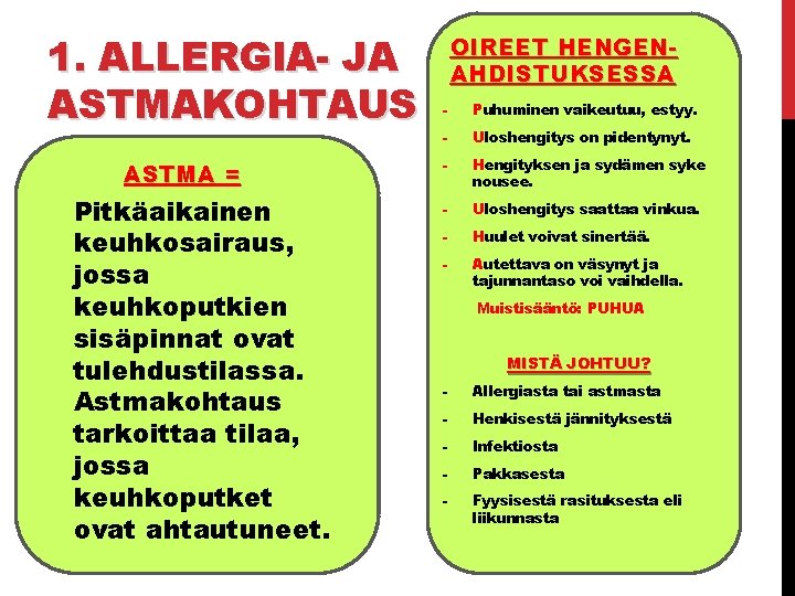 1. ALLERGIA- JA ASTMAKOHTAUS ASTMA = Pitkäaikainen keuhkosairaus, jossa keuhkoputkien sisäpinnat ovat tulehdustilassa. Astmakohtaus