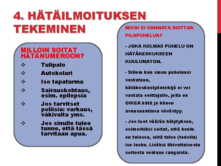 4. HÄTÄILMOITUKSEN TEKEMINEN MIKSI EI KANNATA SOITTAA PILAPUHELUA? MILLOIN SOITAT HÄTÄNUMEROON? - JOKA KOLMAS