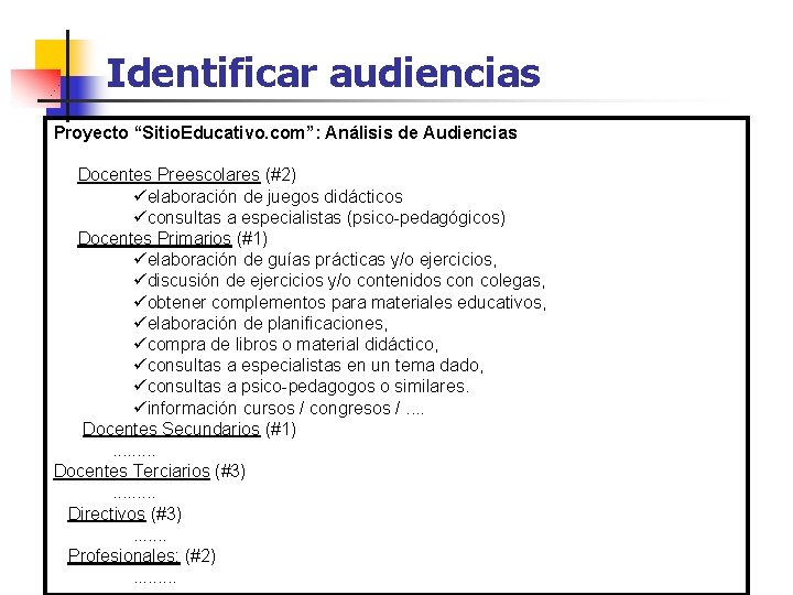 Identificar audiencias Proyecto “Sitio. Educativo. com”: Análisis de Audiencias Docentes Preescolares (#2) üelaboración de