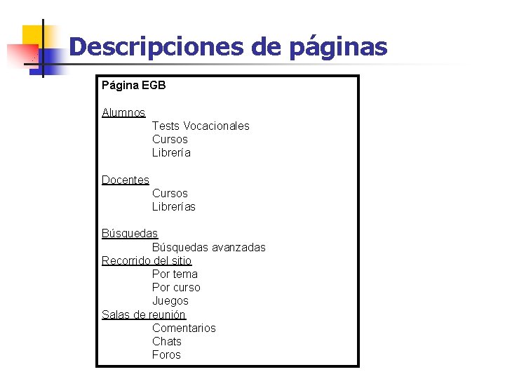 Descripciones de páginas Página EGB Alumnos Tests Vocacionales Cursos Librería Docentes Cursos Librerías Búsquedas