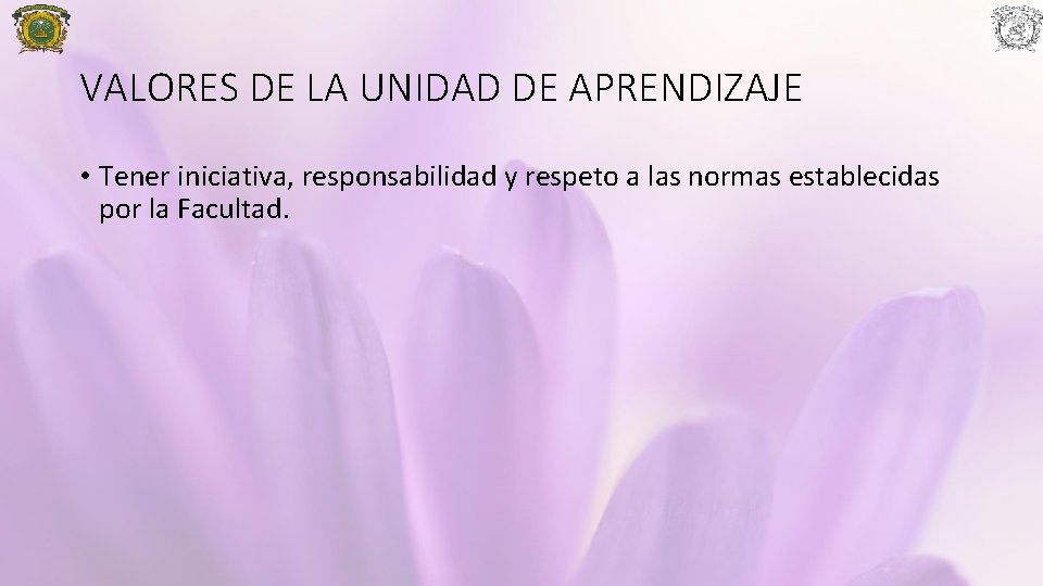 VALORES DE LA UNIDAD DE APRENDIZAJE • Tener iniciativa, responsabilidad y respeto a las