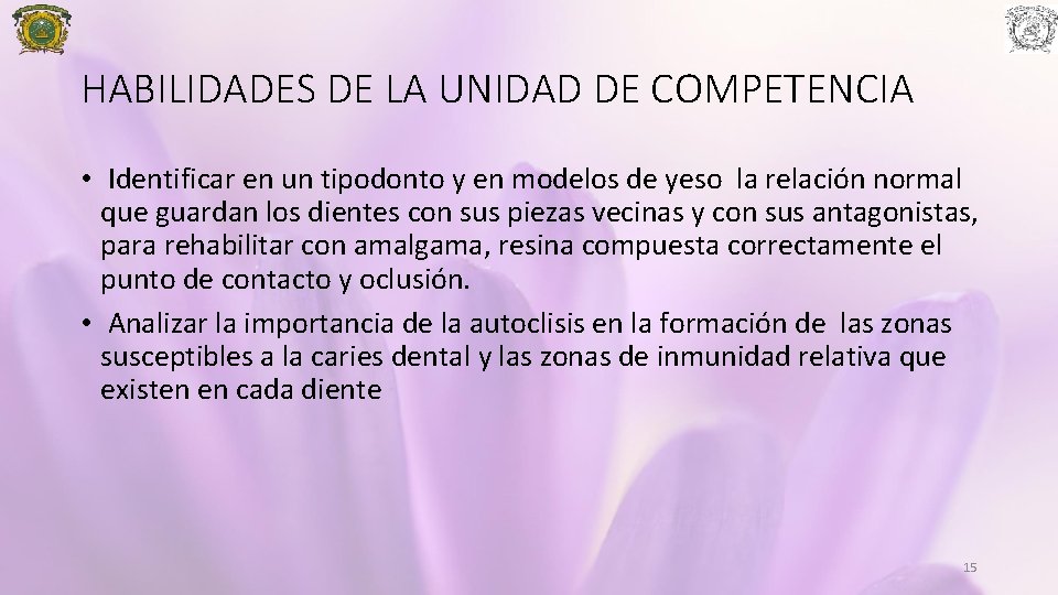 HABILIDADES DE LA UNIDAD DE COMPETENCIA • Identificar en un tipodonto y en modelos