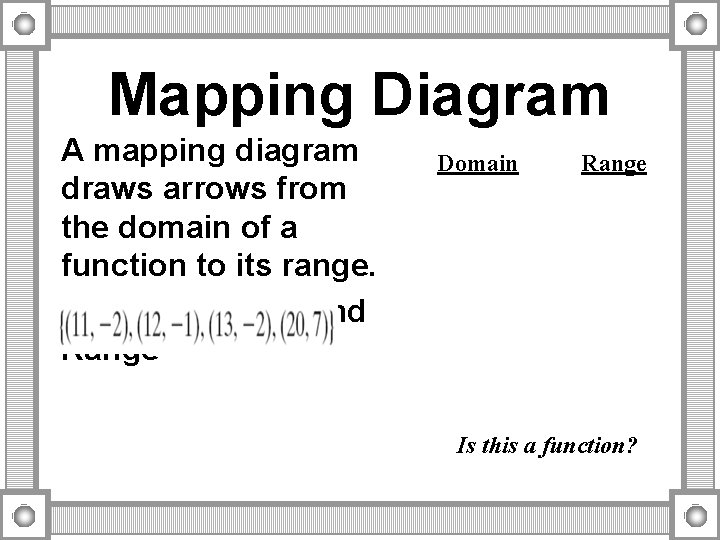 Mapping Diagram A mapping diagram draws arrows from the domain of a function to Mapping Diagram A mapping diagram draws arrows from the domain of a function to