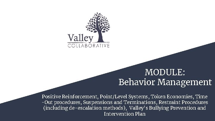 c MODULE: Behavior Management Positive Reinforcement, Point/Level Systems, Token Economies, Time -Out procedures, Suspensions