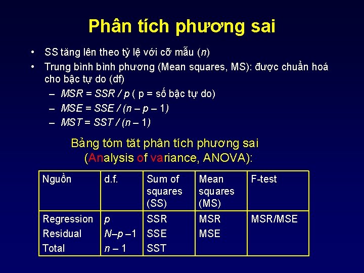 Phân tích phương sai • SS tăng lên theo tỷ lệ với cỡ mẫu