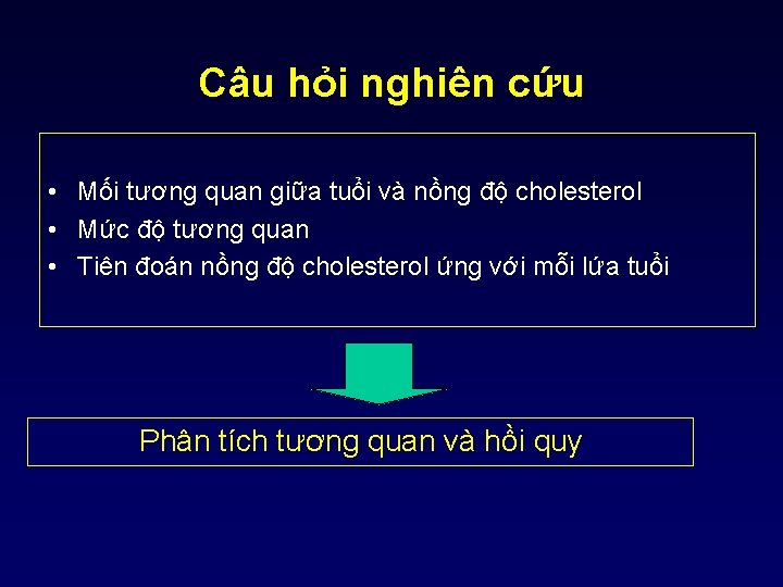 Câu hỏi nghiên cứu • Mối tương quan giữa tuổi và nồng độ cholesterol