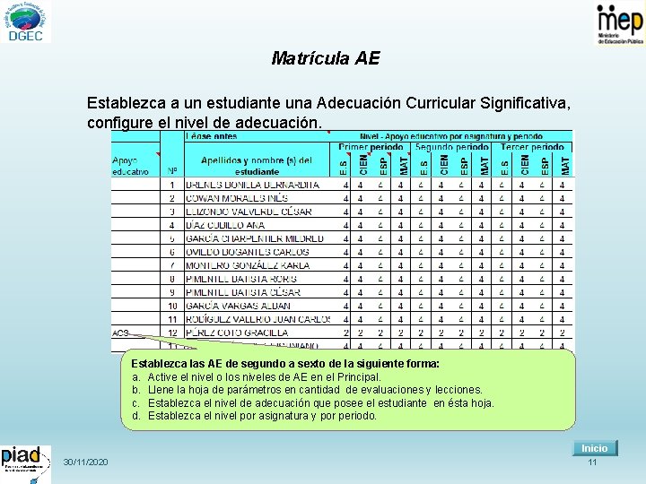 Matrícula AE Establezca a un estudiante una Adecuación Curricular Significativa, configure el nivel de