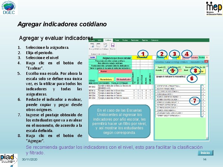 Agregar indicadores cotidiano Agregar y evaluar indicadores 1. 2. 3. 4. 5. 6. 7.