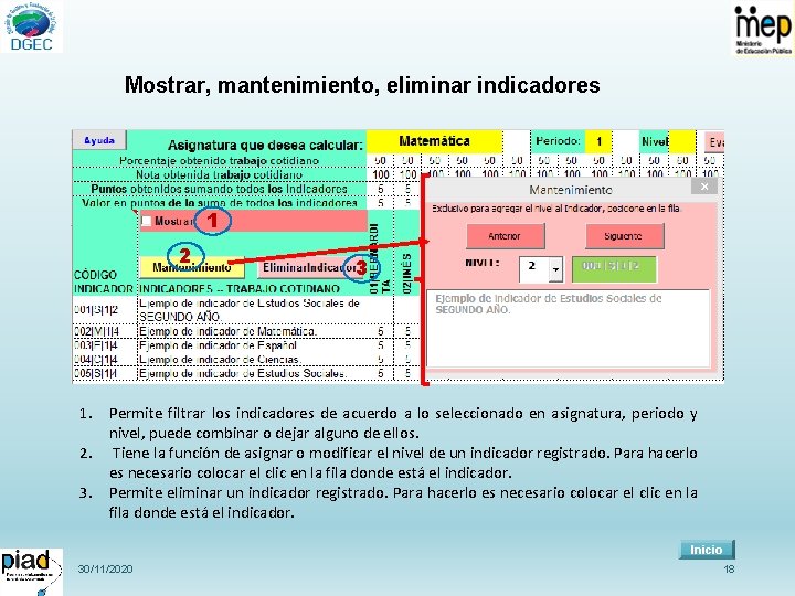 Mostrar, mantenimiento, eliminar indicadores 1 2 3 1. Permite filtrar los indicadores de acuerdo