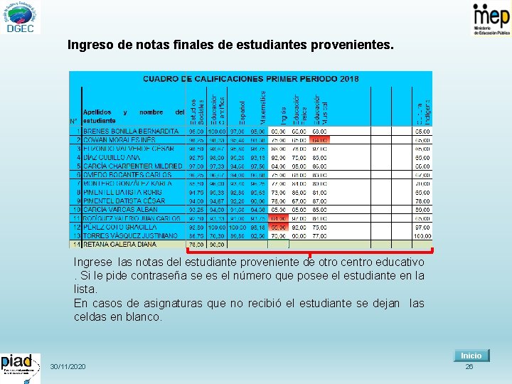 Ingreso de notas finales de estudiantes provenientes. Ingrese las notas del estudiante proveniente de