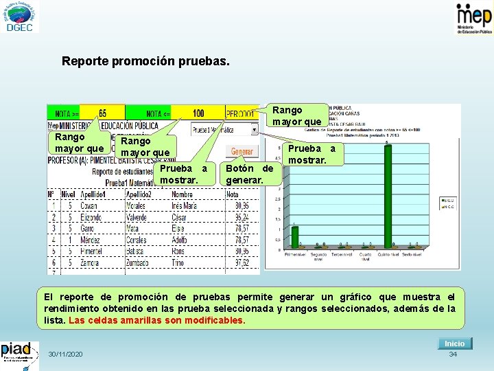 Reporte promoción pruebas. Rango mayor que Prueba a mostrar. Botón de generar. Prueba a