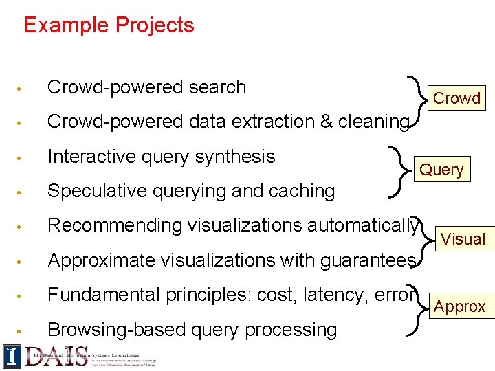 Example Projects • Crowd-powered search • Crowd-powered data extraction & cleaning • Interactive query