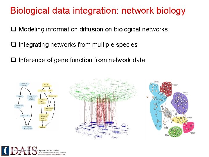 Biological data integration: network biology q Modeling information diffusion on biological networks q Integrating